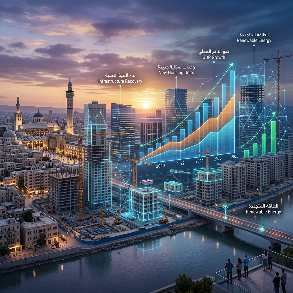 City skyline with digital graphs showing infrastructure recovery, new housing, GDP growth, and renewable energy trends.